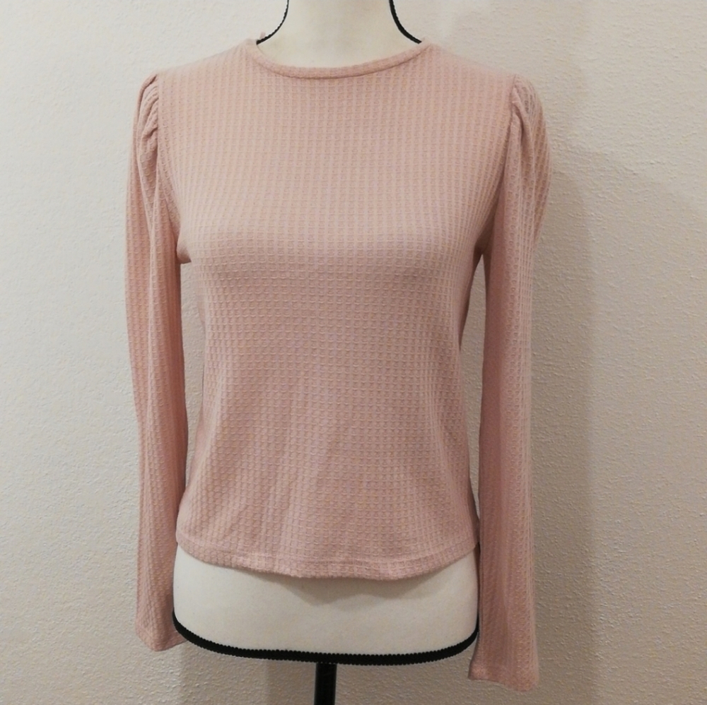 Freshman Peach Waffle Stitch Thin Sweater Top Slightly Puffy Sleeves Size M